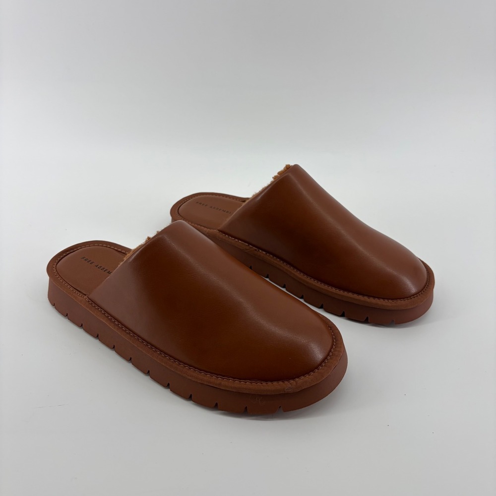 Free Assembly Womens 7.5 Brown Mule Platform Faux Leather Shearling‎ Lined Shoes